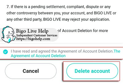 6. Confirm you have read The Agreement of Account deletion. And click Delete account.